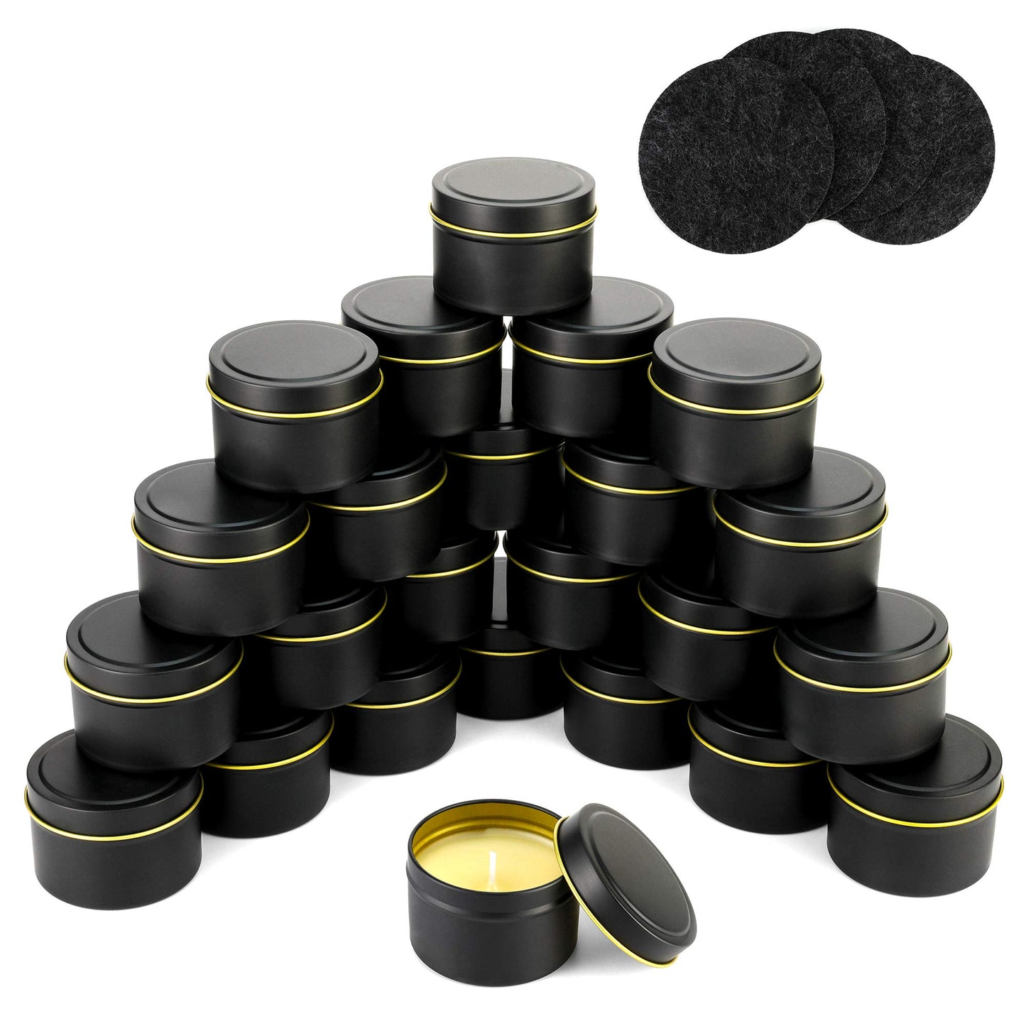 Quikobo Candle Tin 24 Pieces, 4.5oz, 135ml Containers, Candle Jars for Making or DIY (Black & Gold)