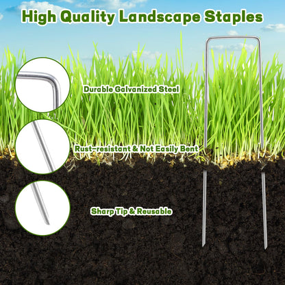 201 Pcs Garden Stakes Staples Kit, 100 Pcs 6 Inch U Shaped Landscape Staples with 100 Pcs Gaskets and 1 Pcs Pick Hook, Galvanized Ground Stakes for Weed Barrier Fabric, Ground Cover, Holding Fence