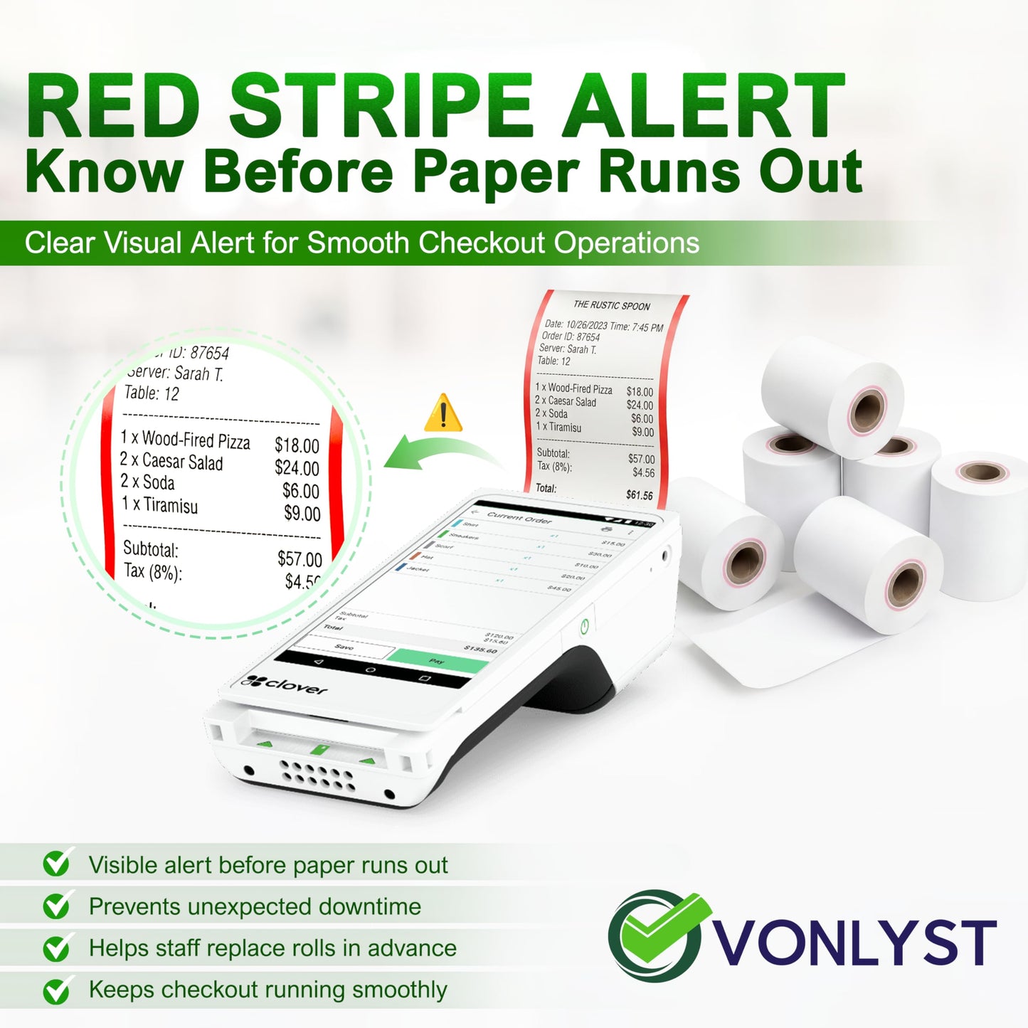 Vonlyst Clover Flex Paper Rolls 2 1/4" x 55’ Thermal Receipt Paper – 10 Rolls Pack - BPA Free POS Printer & Credit Card Machine Compatible C400 C401 C403 C405 C406