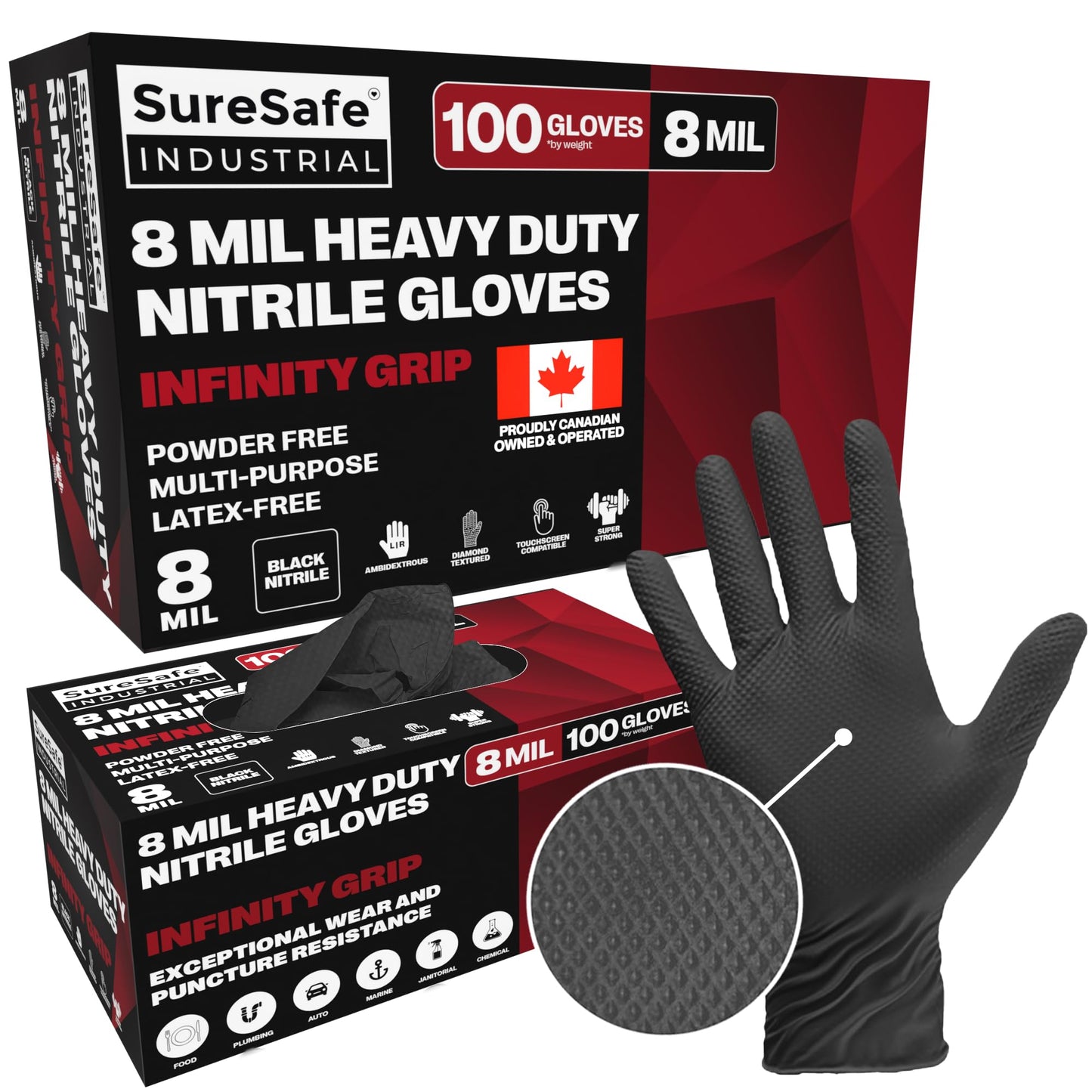[100 Pack] SURESAFE 8 Mil Black Nitrile Gloves Large, Heavy Duty Powder & Latex Free, Diamond Grip, Fully Textured & Ribbed, For Work, Mechanics Gloves, BBQ, Butcher, Plumbing, Food Prep