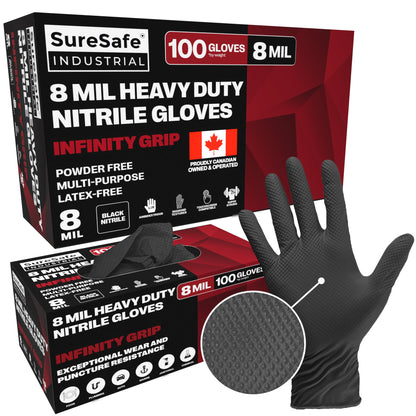 [100 Pack] SURESAFE 8 Mil Black Nitrile Gloves Large, Heavy Duty Powder & Latex Free, Diamond Grip, Fully Textured & Ribbed, For Work, Mechanics Gloves, BBQ, Butcher, Plumbing, Food Prep