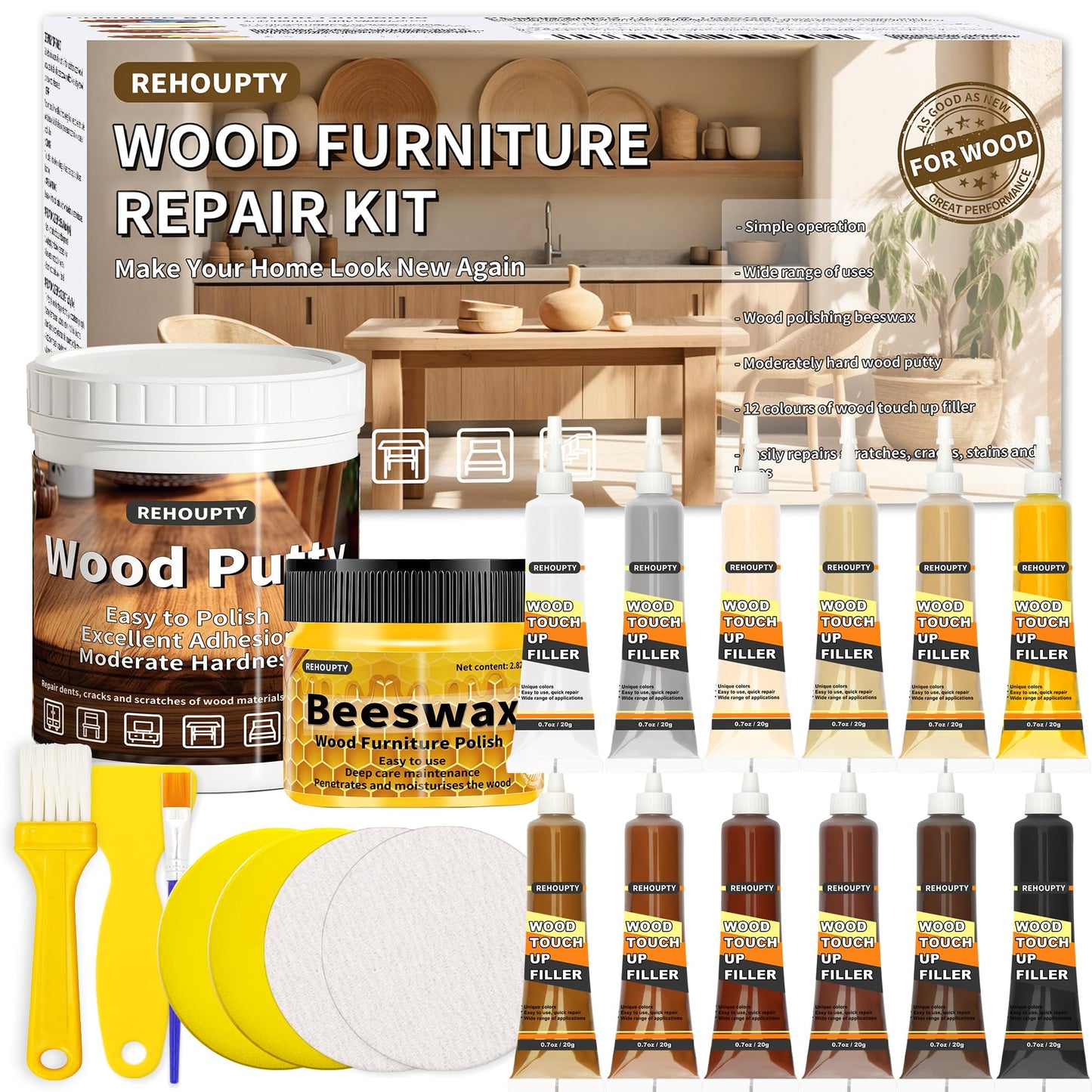Wood Furniture Repair Kit, All-in-One Hardwood Floor Scratch Repair Kit Include Wood Putty & 12 Colours Wood Touch Up Markers and Beeswax, Vinyl Floor Repair Kit for Scratch, Cracks, Stain, Holes