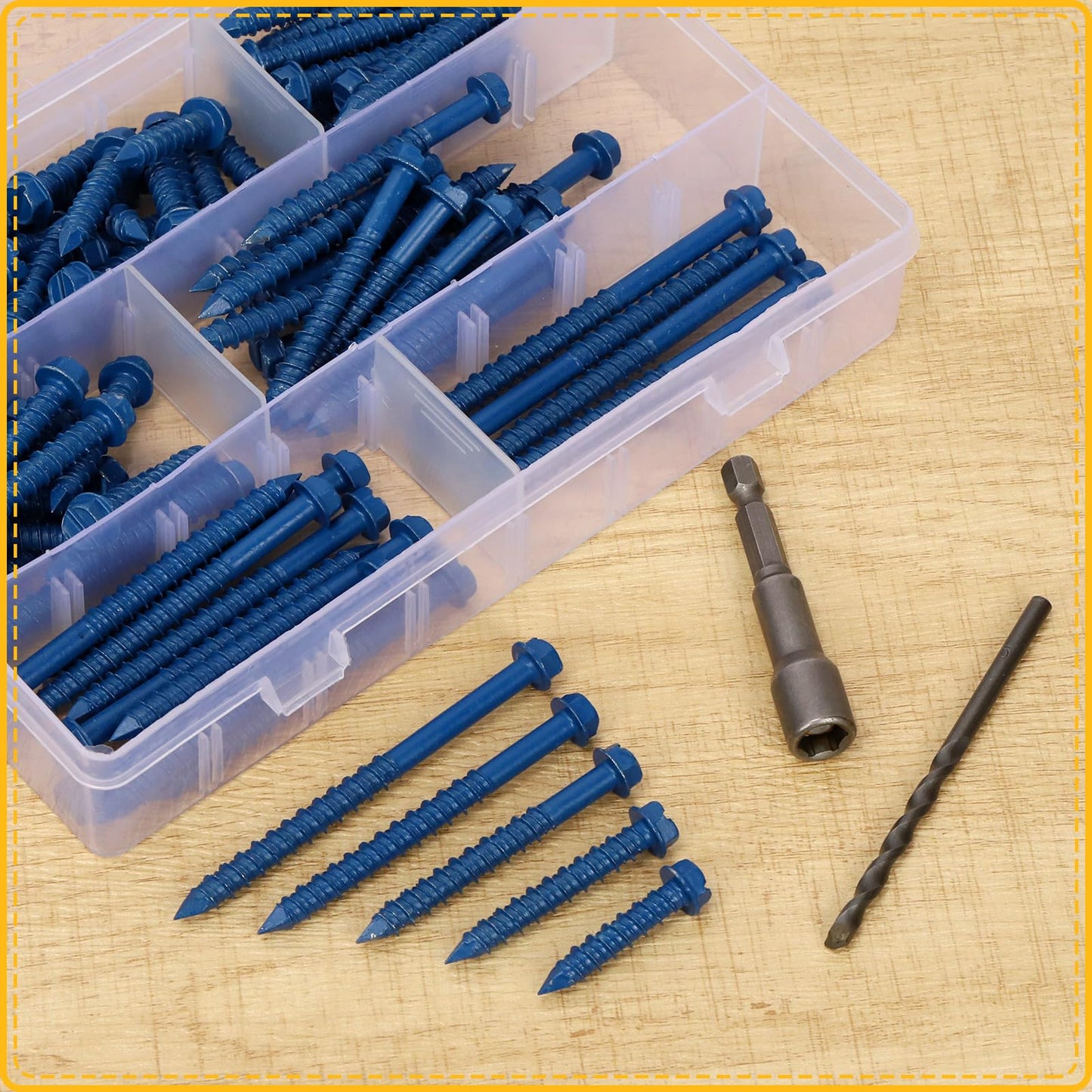 Mardatt 102Pcs 1/4” 5 Sizes Concrete Screws, Slotted Hex Washer Head Concrete Screws Anchor with Drill Bit and Hex Bit Socket, Self Tapping Masonry Screws for Anchoring to Masonry Block Brick Stucco