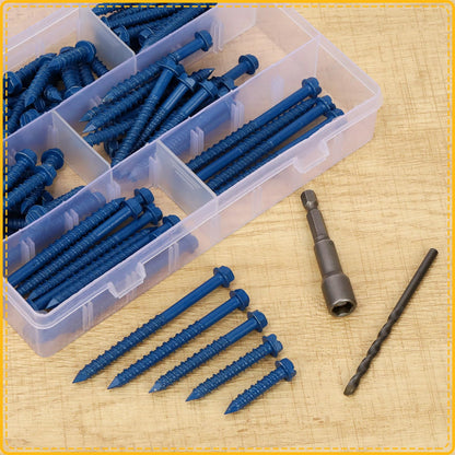 Mardatt 102Pcs 1/4” 5 Sizes Concrete Screws, Slotted Hex Washer Head Concrete Screws Anchor with Drill Bit and Hex Bit Socket, Self Tapping Masonry Screws for Anchoring to Masonry Block Brick Stucco