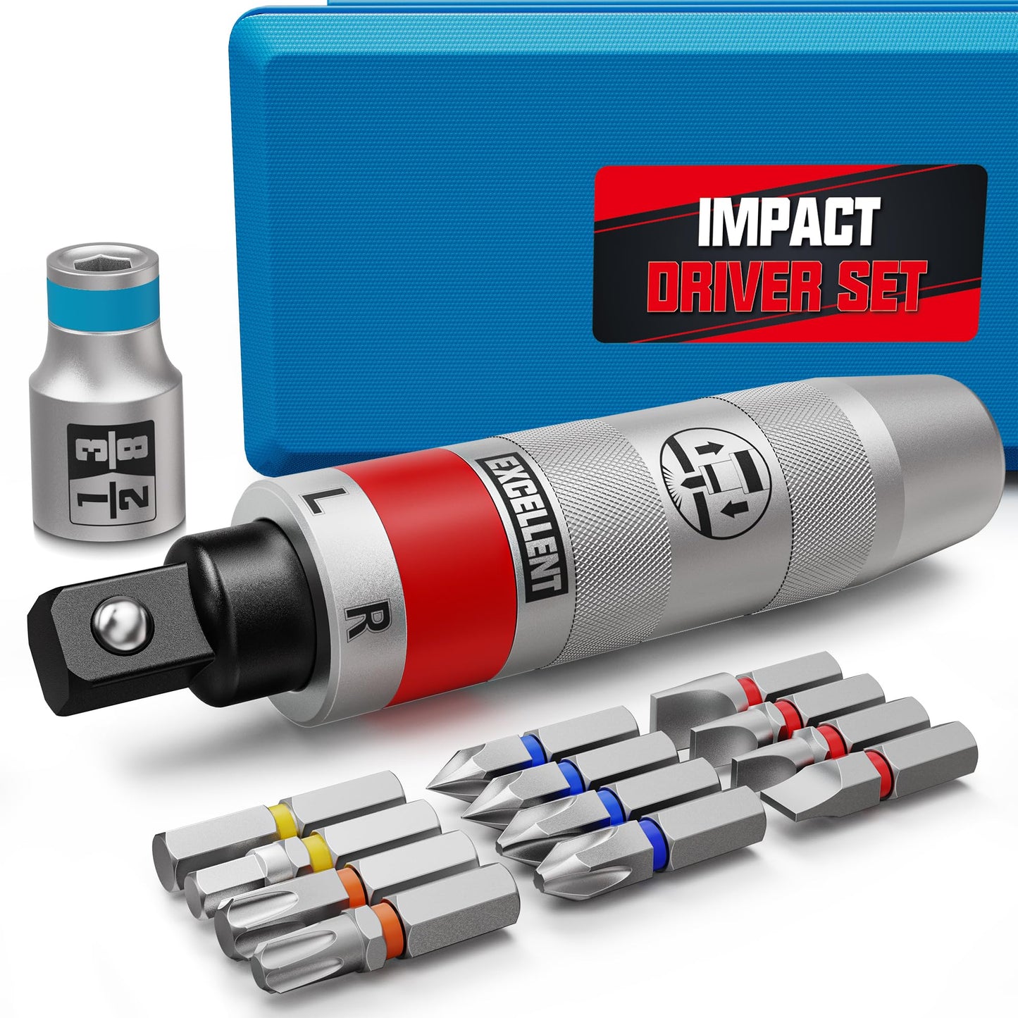 Arwealxs 13 Piece 1/2" Drive Manual Impact Driver, Reversible Hand Impact Screwdriver Set with Slotted, Hex, Phillips Bit Kit, for Tighten and Rusted Fasteners or Frozen Bolts, with Storage Case