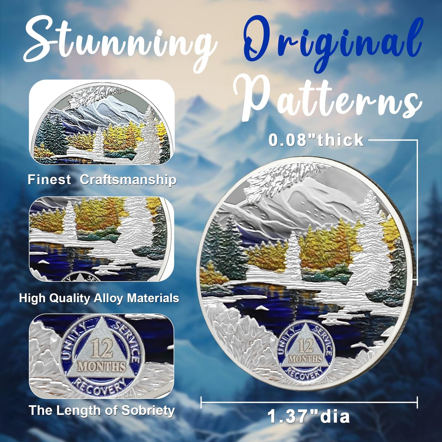 CHURYUML 1 Year Sobriety Coin 12 Month AA Coins 365 Day Sobriety Gifts Recovery Medallions Sober Chip Alcoholics Anonymous Token Sober Anniversary Gifts with Capsule, Display & Card