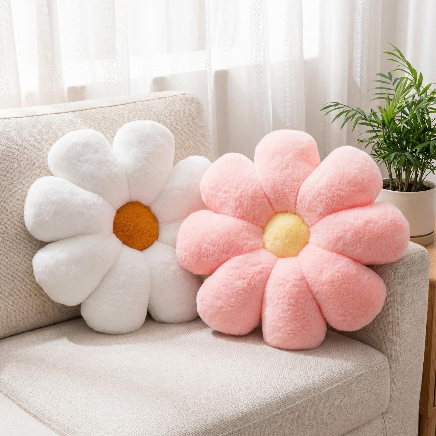 2pcs Flower Pillow - Pink White Aesthetic Preppy Bedroom Living Room Home Decor, Cute Daisy Flower Decorative Throw Pillows Floor Cushions for Girls Bedroom Bed Sofa Chair (Pink & White)