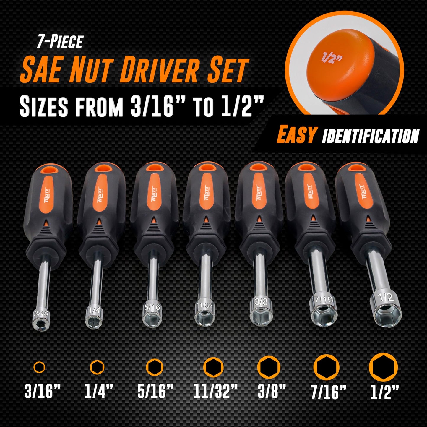 Mutt Tools Professional 7-Piece Hollow Nut Driver Set - 3" Deep Hollow Shaft Nut Driver Set with Pass Through Design - SAE and Metric Sizes - Deep Well Nut Drivers