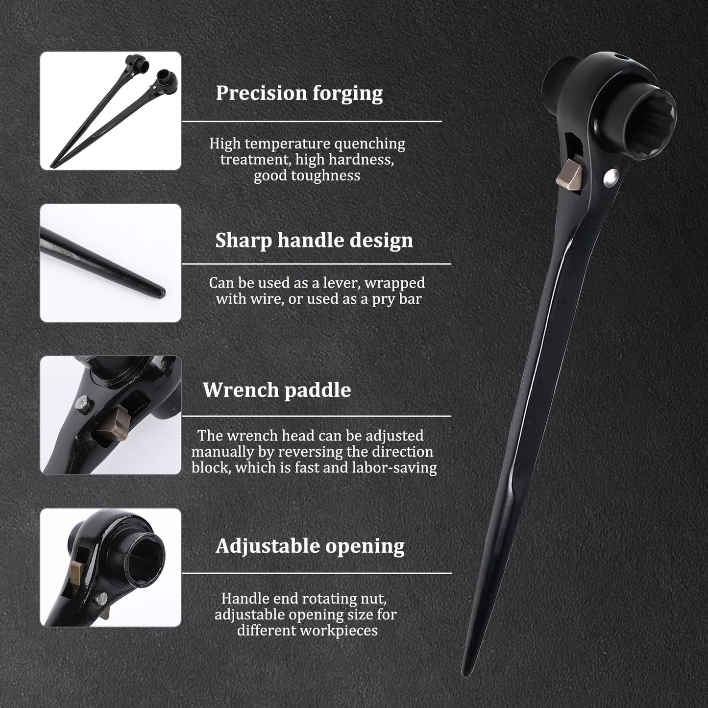 19mm x 22mm Spud Ratchet Wrench Set, 2 Pcs Dual-Head Ratcheting Spanner, Professional Scaffold Podger Wrench with Pry Bar End