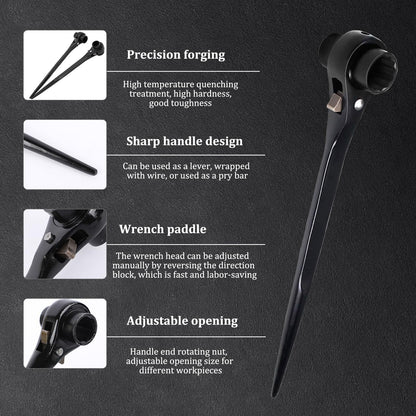 19mm x 22mm Spud Ratchet Wrench Set, 2 Pcs Dual-Head Ratcheting Spanner, Professional Scaffold Podger Wrench with Pry Bar End
