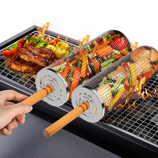 2PCS Nesting Grill Baskets with Removable Wooden Handles(11.8" x 3.9"), 304 Stainless Steel, Rolling Barbecue Grill Mesh for Vegetables and Shrimp, BBQ Accessory Gifts for Men Dad Boyfriend, BBQ Net Tube