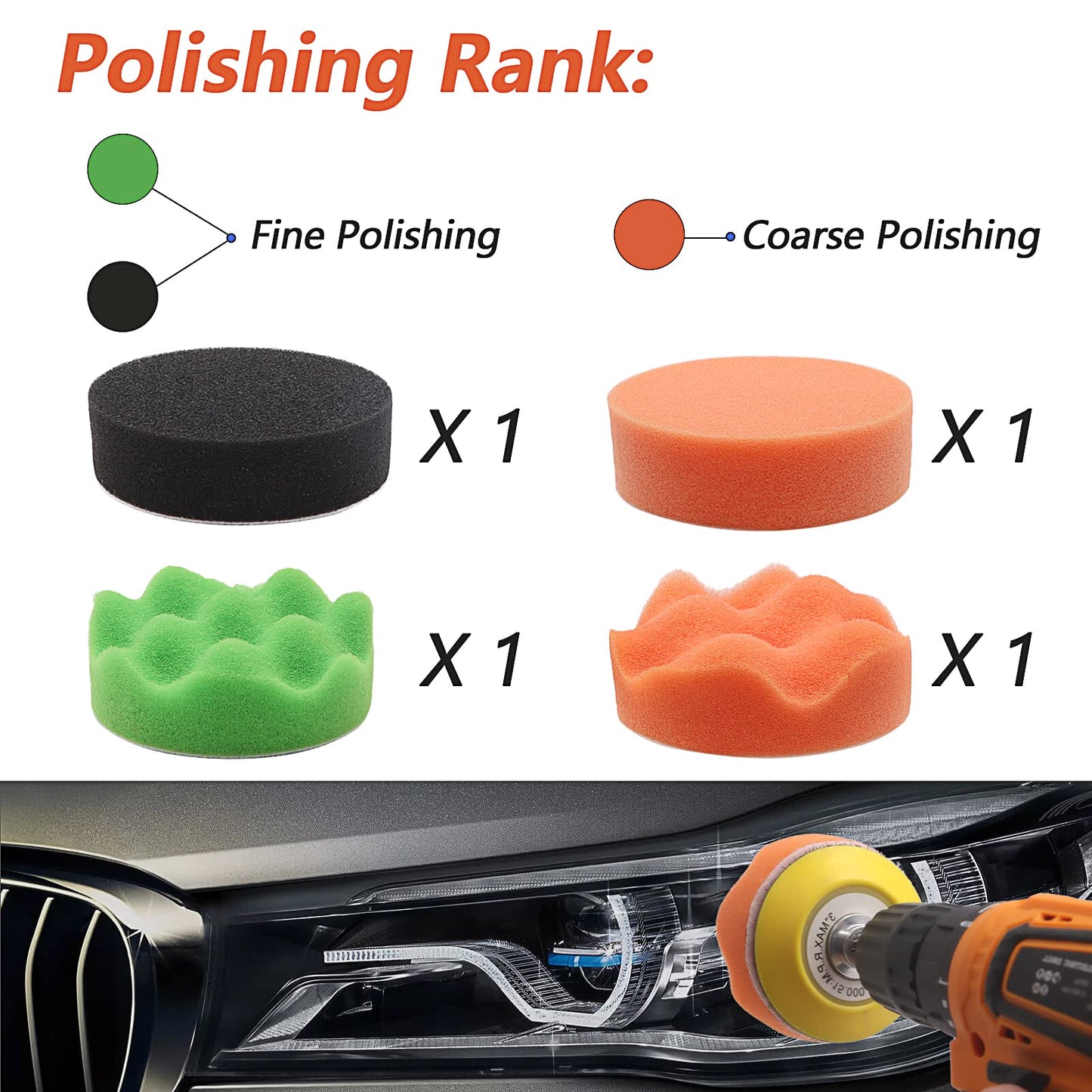 VIBRATITE Car Headlight Restoration Kit, Headlight Lens Cleaner and Restorer, 3 Inch Car Polishing Sanding Kit with 1/4 Inch Shank Backing Pad, Drill Buffing Sponge Pads, Soft Interface Pad, 37PCS