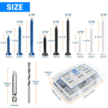 100PCS Concrete Screws Assortment Kit, Flat Head 3/16" Masonry Screws with Drill Bit and Driver Bit for Masonry