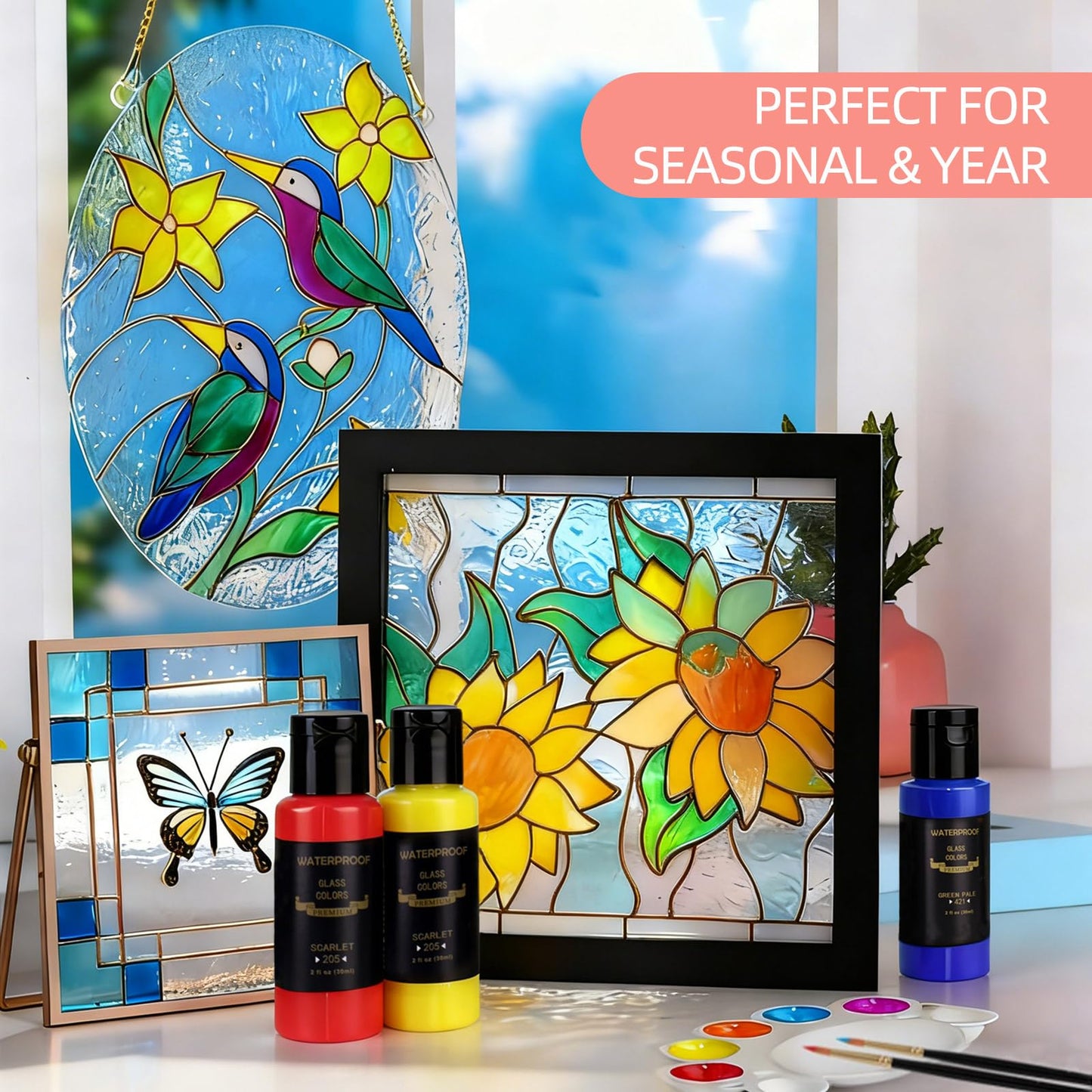 Colorful Stain Glass Paint Set with 6 Brushes, 1 Palette, 14 Colors Waterproof Permanent Glass Painting Kit for Arts on Wine Glasses,Bottle and Windows