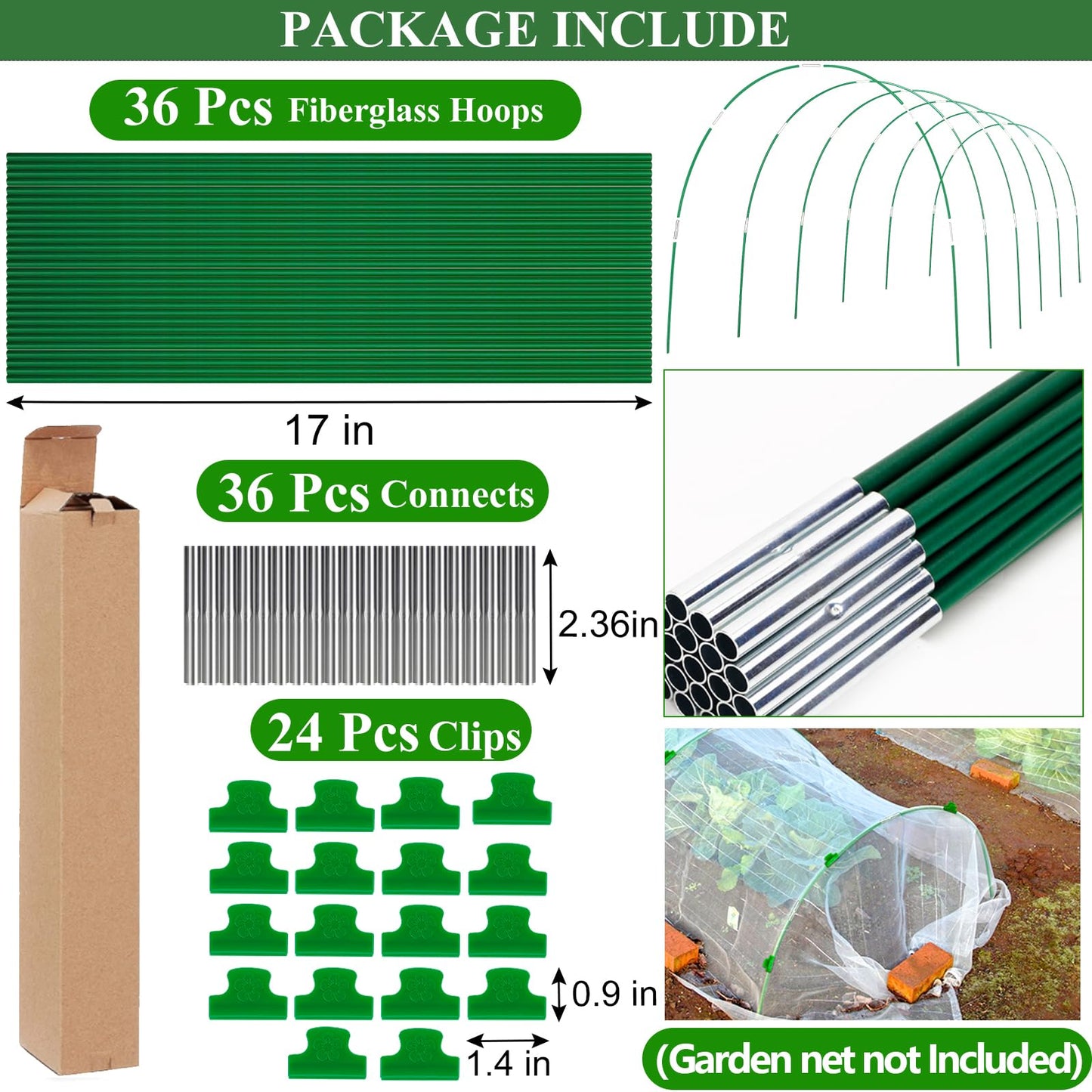 WYRJXYB Greenhouse Hoops Grow Tunnel 6 Sets of 8FT Long Garden Hoops, Rust-Free Fiberglass Frame for Garden Netting Raised Bed Plant Cloth Row Cover, DIY Plant Support Stakes (36 PCS)