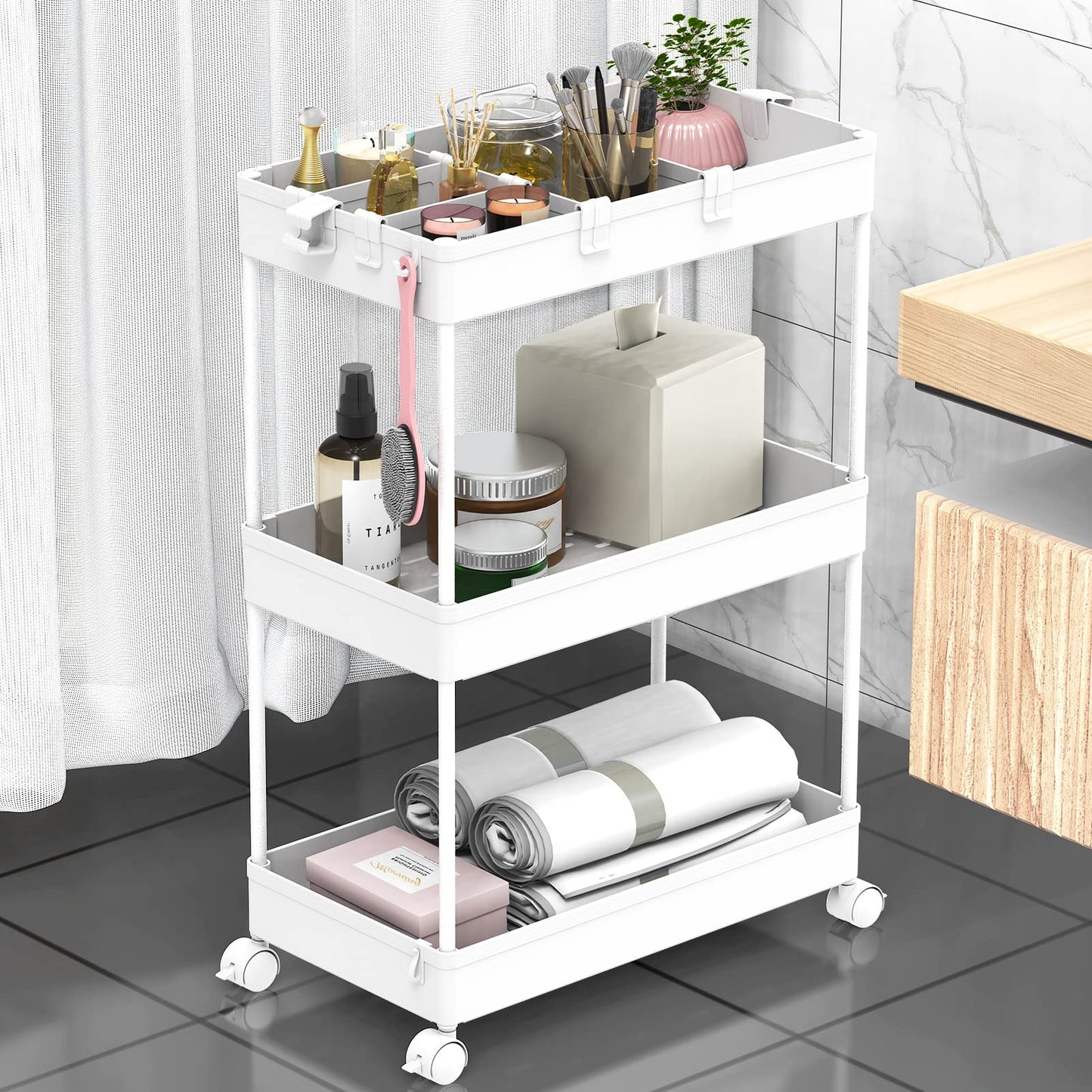 SPACELEAD 3 Tier Rolling Cart with Wheels, Storage Craft Art Cart Trolley Organizer Serving Cart, 3 Hanging Baskets Easy Assembly, for Office, Living Room, Kitchen, White