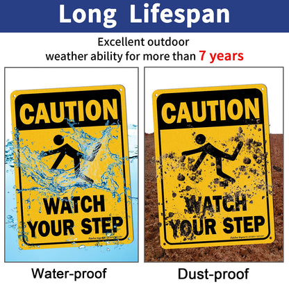 (4 Pack) Caution Watch Your Step Sign Safety Sign, 10 x 7 Inches rectangle, .040 Rust Free Aluminum, UV Protected and Waterproof, Weather Resistant, Durable Ink, Easy to Mount