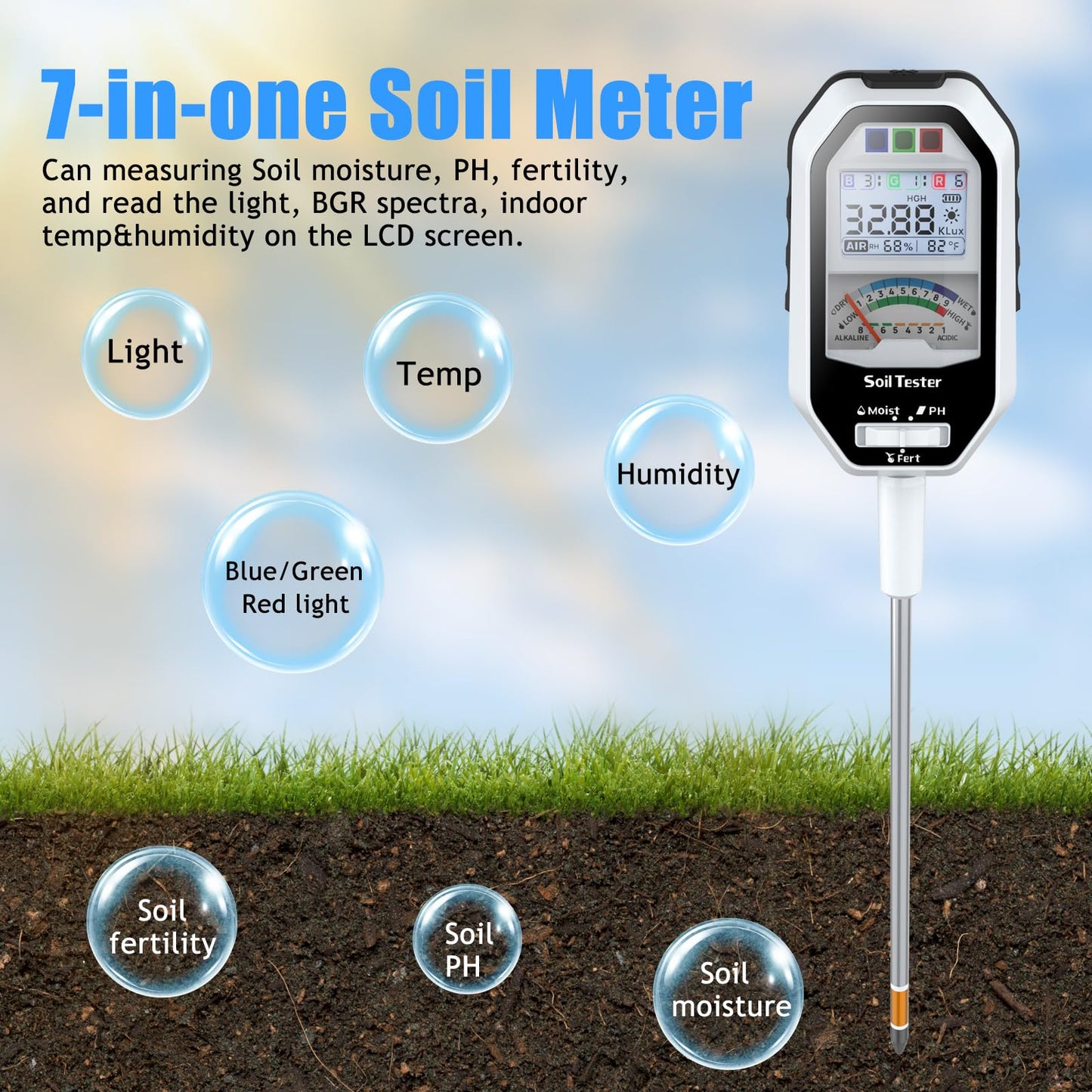 Soil Moisture Meter, 7-in-1 Soil PH Tester/Soil Moisture/Fertility with Removable Probe, Digital Air Temp/Humidity/Sunlight Intensity/BGR Spectral for Plants Gardening, Lawn and Indoor Outdoor Plants