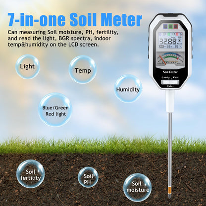 Soil Moisture Meter, 7-in-1 Soil PH Tester/Soil Moisture/Fertility with Removable Probe, Digital Air Temp/Humidity/Sunlight Intensity/BGR Spectral for Plants Gardening, Lawn and Indoor Outdoor Plants