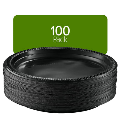 PLASTICPRO 100 PCS Black Plastic Plates Light Weight 9 Inch Plastic Dinner Plates Black Plates Disposable for Party and Wedding
