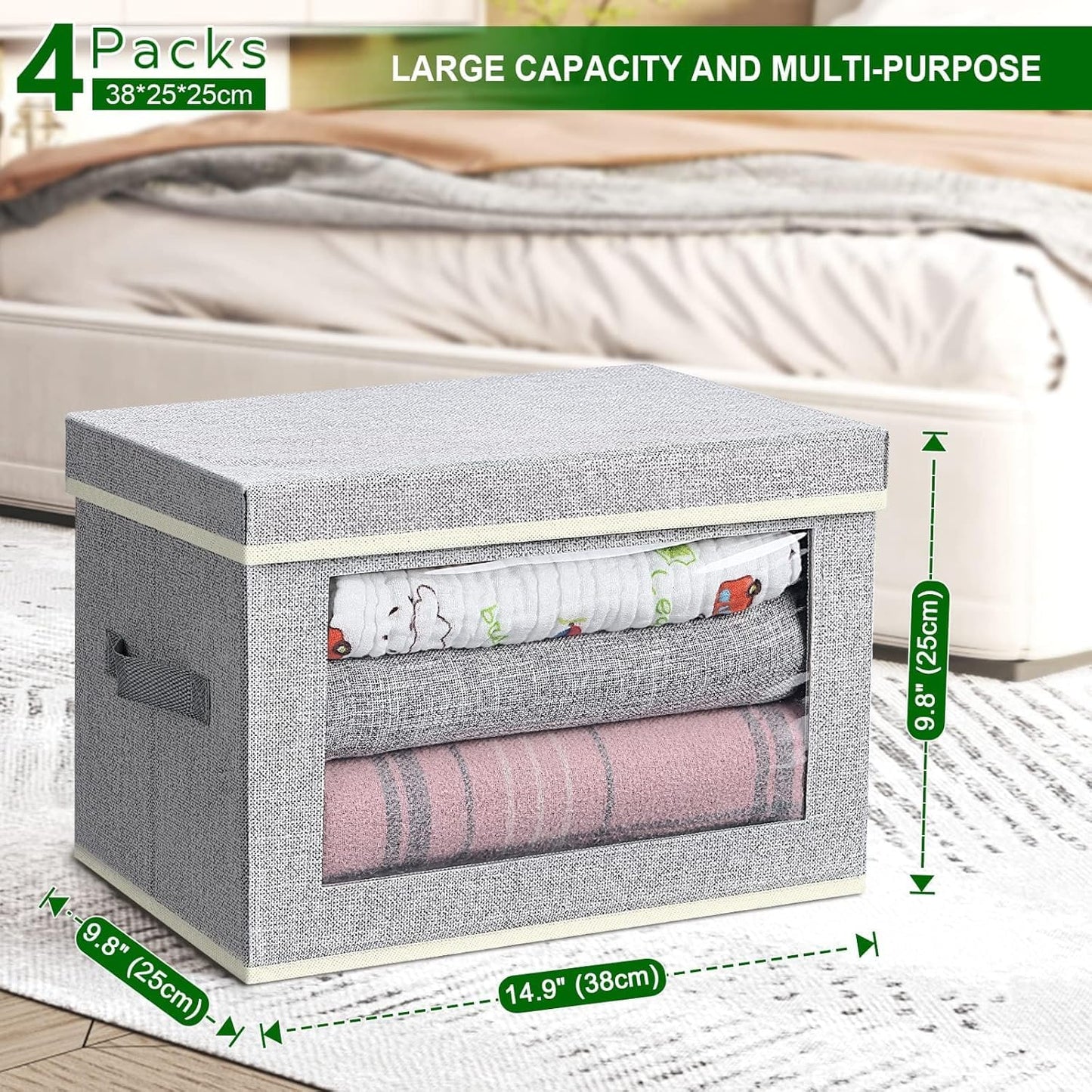 DIMJ Fabric Storage Box with Lid - 4 Pack Closet Foldable Storage Bin with Handle & Clear Window, Decorative Organizer and Storage Basket Containers for Clothes,Bedroom, Office(Ant-Grey)