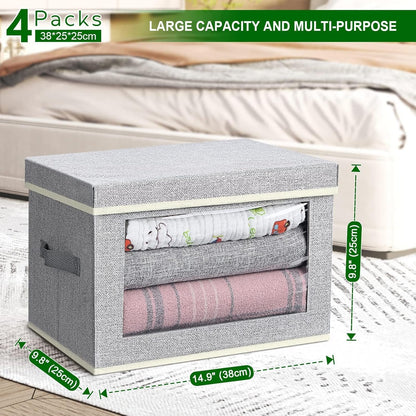 DIMJ Fabric Storage Box with Lid - 4 Pack Closet Foldable Storage Bin with Handle & Clear Window, Decorative Organizer and Storage Basket Containers for Clothes,Bedroom, Office(Ant-Grey)