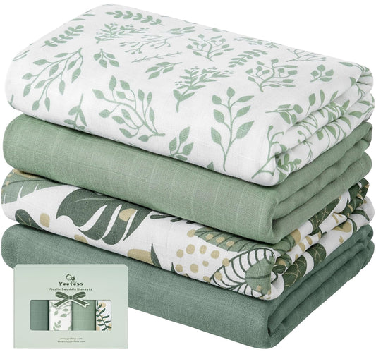 Yoofoss Muslin Swaddle Blankets, 4 Pack Receiving Blankets for Boys and Girls, 47 x 47 Inches Muslin Baby Blankets Soft Breathable - Green
