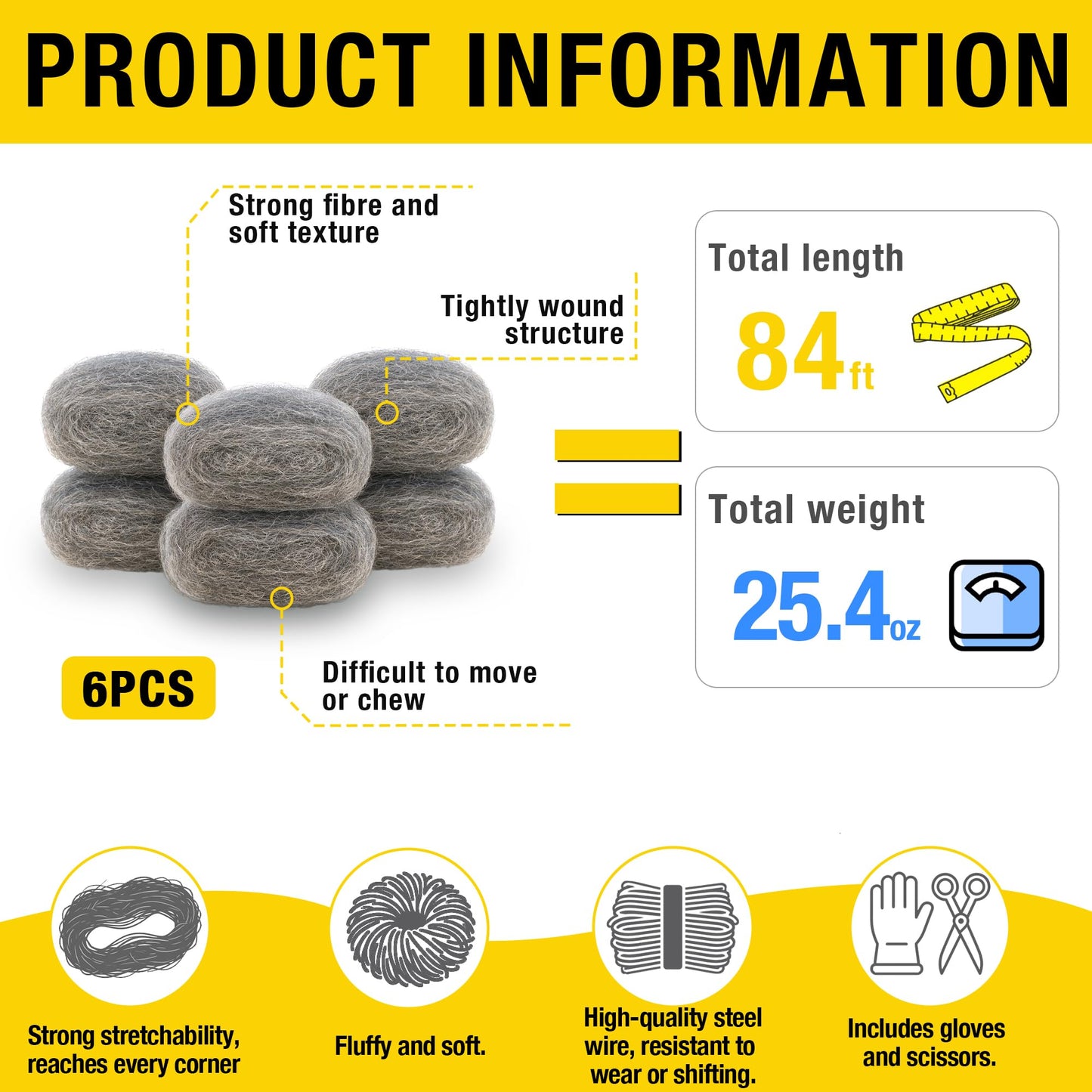 DEMIBAZ Steel Wool Mice Repellent - 6 Rolls of Steel Wool (14ft x 3.1in, Coarse Grade #3), Scissors & Glove - Keep Mice Away from Holes,Siding,Pipeline,Vents in Garden House & Garage