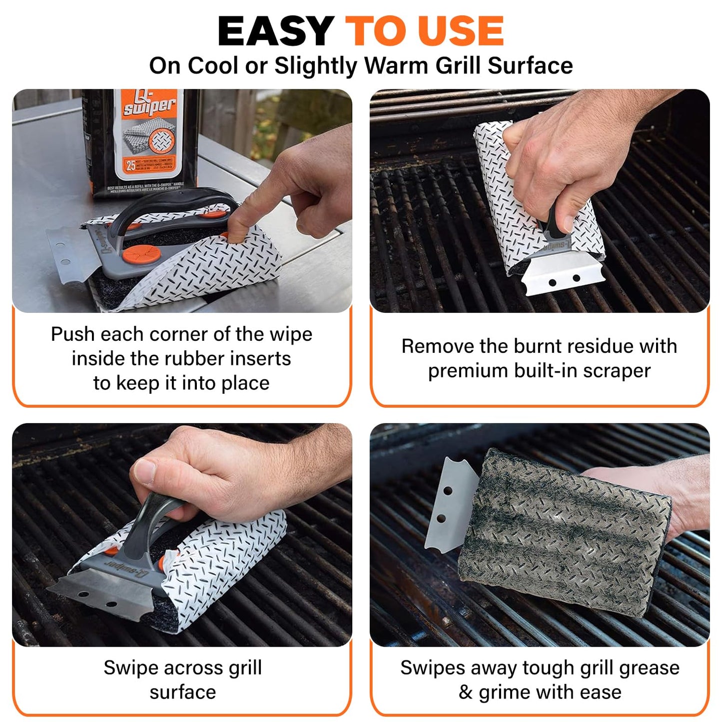 Q-Swiper BBQ Grill Cleaner Set - 1 BBQ Brush with Scraper and 25 BBQ Grill Cleaning Wipes. Bristle Free & Wire Free. Safe Way to Remove Grease and Grime for A Clean and Healthy Grill!