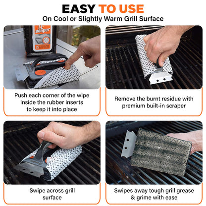 Q-Swiper BBQ Grill Cleaner Set - 1 BBQ Brush with Scraper and 25 BBQ Grill Cleaning Wipes. Bristle Free & Wire Free. Safe Way to Remove Grease and Grime for A Clean and Healthy Grill!