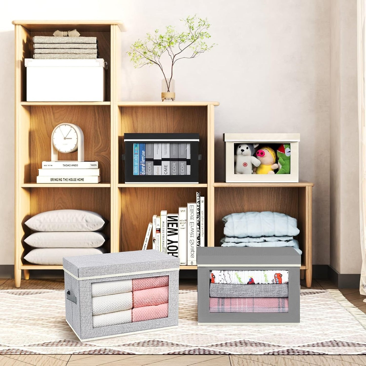 DIMJ Fabric Storage Box with Lid - 4 Pack Closet Foldable Storage Bin with Handle & Clear Window, Decorative Organizer and Storage Basket Containers for Clothes,Bedroom, Office(Ant-Grey)