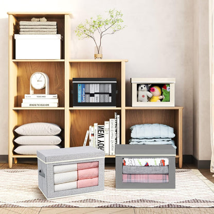 DIMJ Fabric Storage Box with Lid - 4 Pack Closet Foldable Storage Bin with Handle & Clear Window, Decorative Organizer and Storage Basket Containers for Clothes,Bedroom, Office(Ant-Grey)