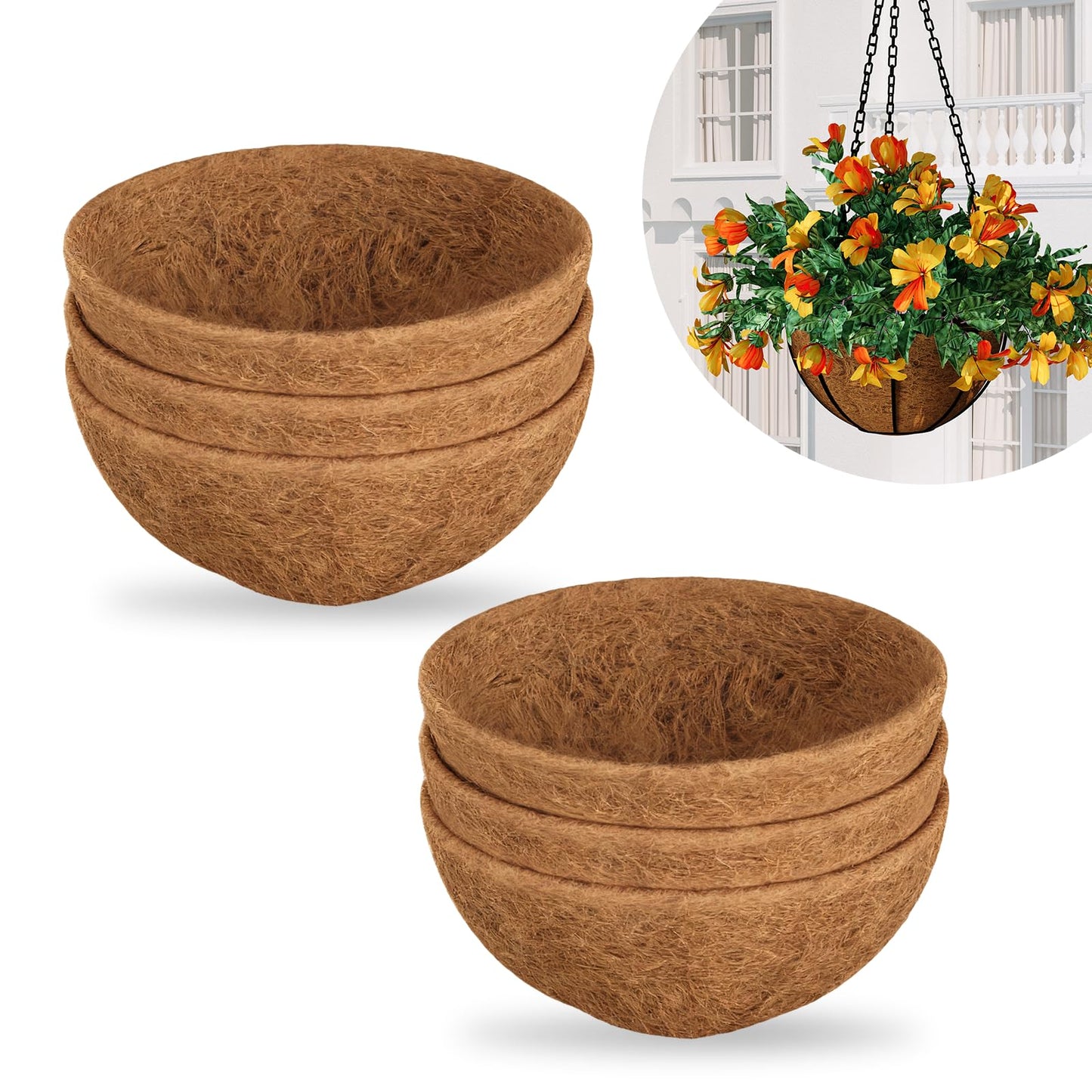 Bamworld 6pcs 30cm Coco Liners, Round Hanging Basket Liners Coconut Fiber Coir, Plant Holder Decor for Indoor Outdoor Flower Pots, Watering Baskets