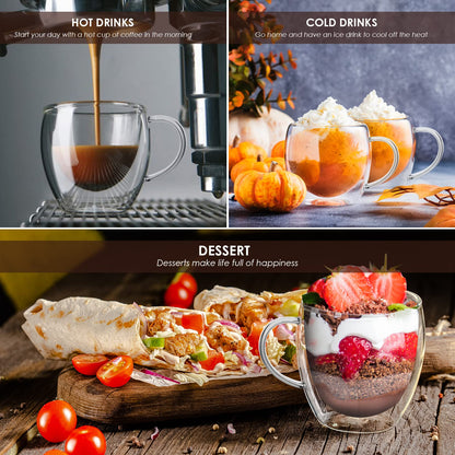 Cappuccino Glass Mugs, Set of 4 Double Walled Espresso Mug Cups Glass Mug Set, Insulated Drinking Glass Coffee Cups with Handle, Clear Glass Mugs for Latte, Cappuccino, Tea Bag, Juice (250ml /8.45oz)