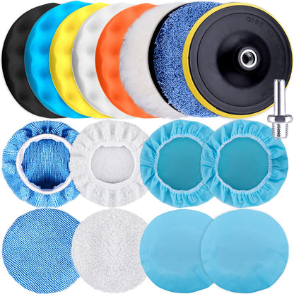 SIQUK 17 Pieces Drill Polishing Kit 5 Inch Buffing Pads Car Foam Polishing Pads Waxing Bonnet Drill Buffer Attachment for Drill