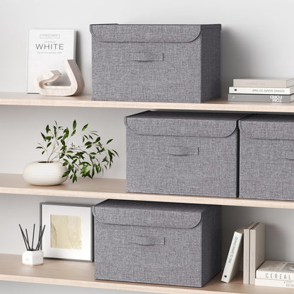 DIMJ Fabric Storage Box with Lid - 2Pcs Closet Storage Bin with Handle Organizer and Storage Foldable Decorative Basket with Lid Storage Containers Clothes,Bedroom, Office(Dark Grey)