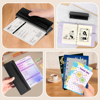 All Metal Adjustable 6-Hole Paper Puncher, A5 A6 A7 6 Ring Punch with Positioning Mark, 6 Sheet Capacities Puncher for Dairy Planner, Personal, Agenda, Binder Refill Pages (Black)