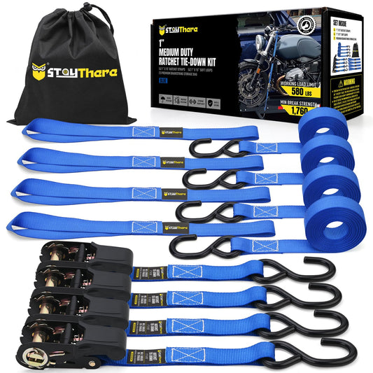 Stay There Ratchet Tie Down Straps 1'' x15', Ratchet Straps with S Hook - 1760lb Break Strength for Securing Motorcycle, Kayak, Truck with Rubber Handles, A Sturdy Bonus Bag & 4 Soft Loops Included