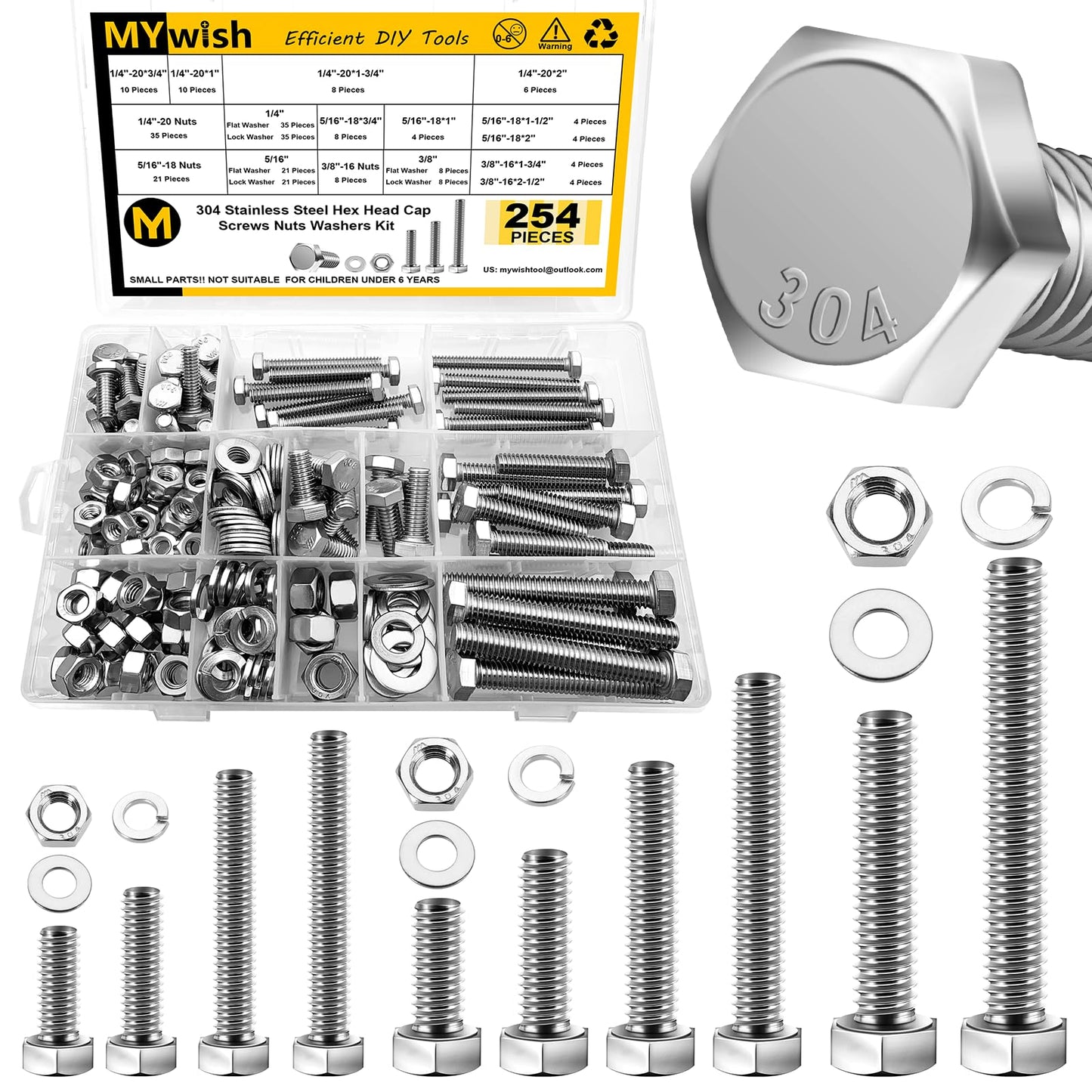 Mywish 254Pcs Bolts and Nuts Assortment, 1/4 20, 5/16 18, 3/8 16 Bolt, Heavy Duty 304 Stainless Steel Bolts and Nuts Kit with Flat Spring Washers, Includes 10 Common Sizes, Fully Threaded