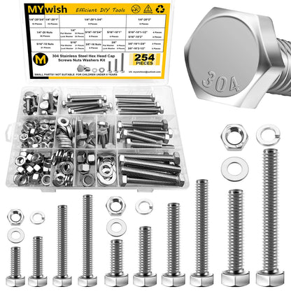 Mywish 254Pcs Bolts and Nuts Assortment, 1/4 20, 5/16 18, 3/8 16 Bolt, Heavy Duty 304 Stainless Steel Bolts and Nuts Kit with Flat Spring Washers, Includes 10 Common Sizes, Fully Threaded