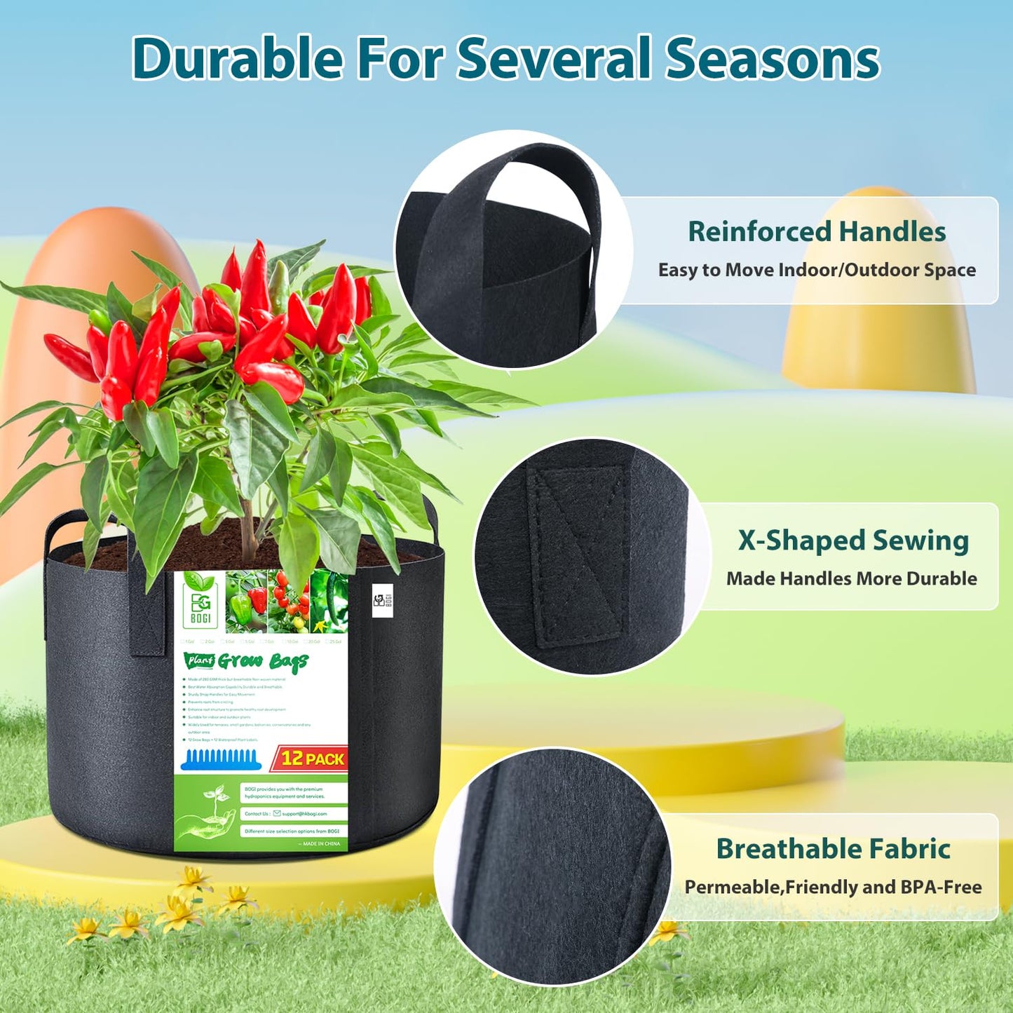 BOGI Grow Bags 12 Pack 3 Gallon Grow Bags Heavy Duty Thickened Nonwoven Grow Bag with Durable Habdles Fabric Pot for Vegetable Flower Potato Garlic Indoor Outdoor Plants + 12 Waterproof Plant Labels
