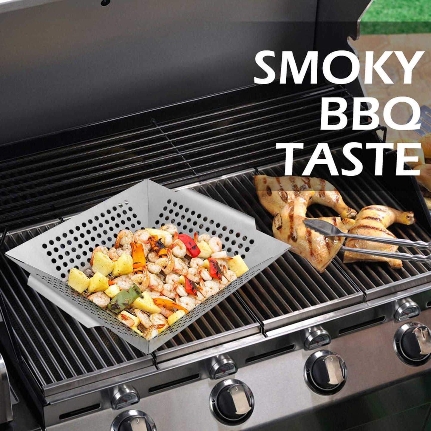 8” Grilling Basket, HaSteeL Small BBQ Grill Basket Wok Set of 2 for Vegetable, Kabobs, Shrimps, Heavy Duty Stainless Steel Grilling Accessories for All Grills, Dishwasher Safe