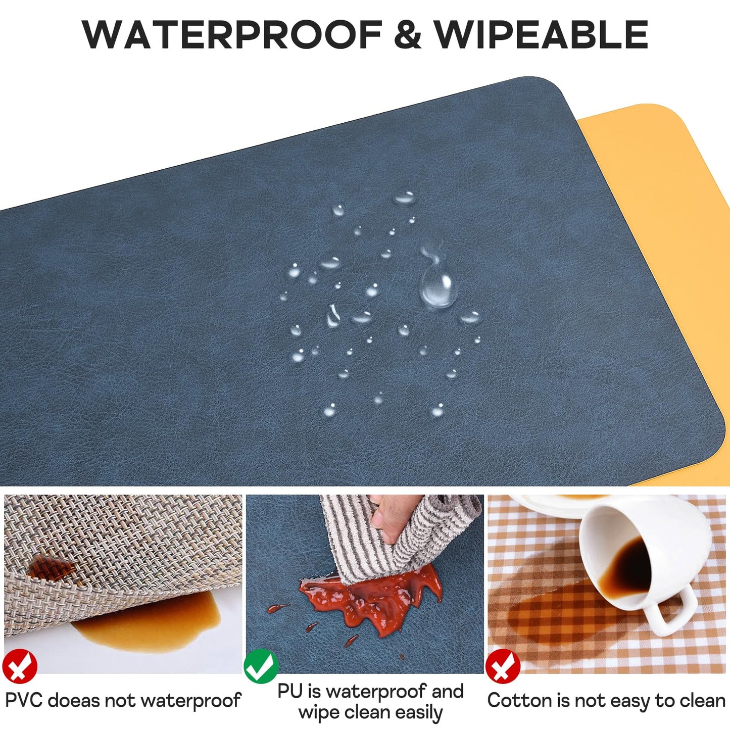 APLKER Leather Placemats Set of 6 Table Mats Heat Resistant Dual Sided Place Mats, Waterproof Wipeable Dining Vinyl Table Mats Set of 6 for Home Party Outdoor,16.9 x 11.8 inch - Navy/Yellow