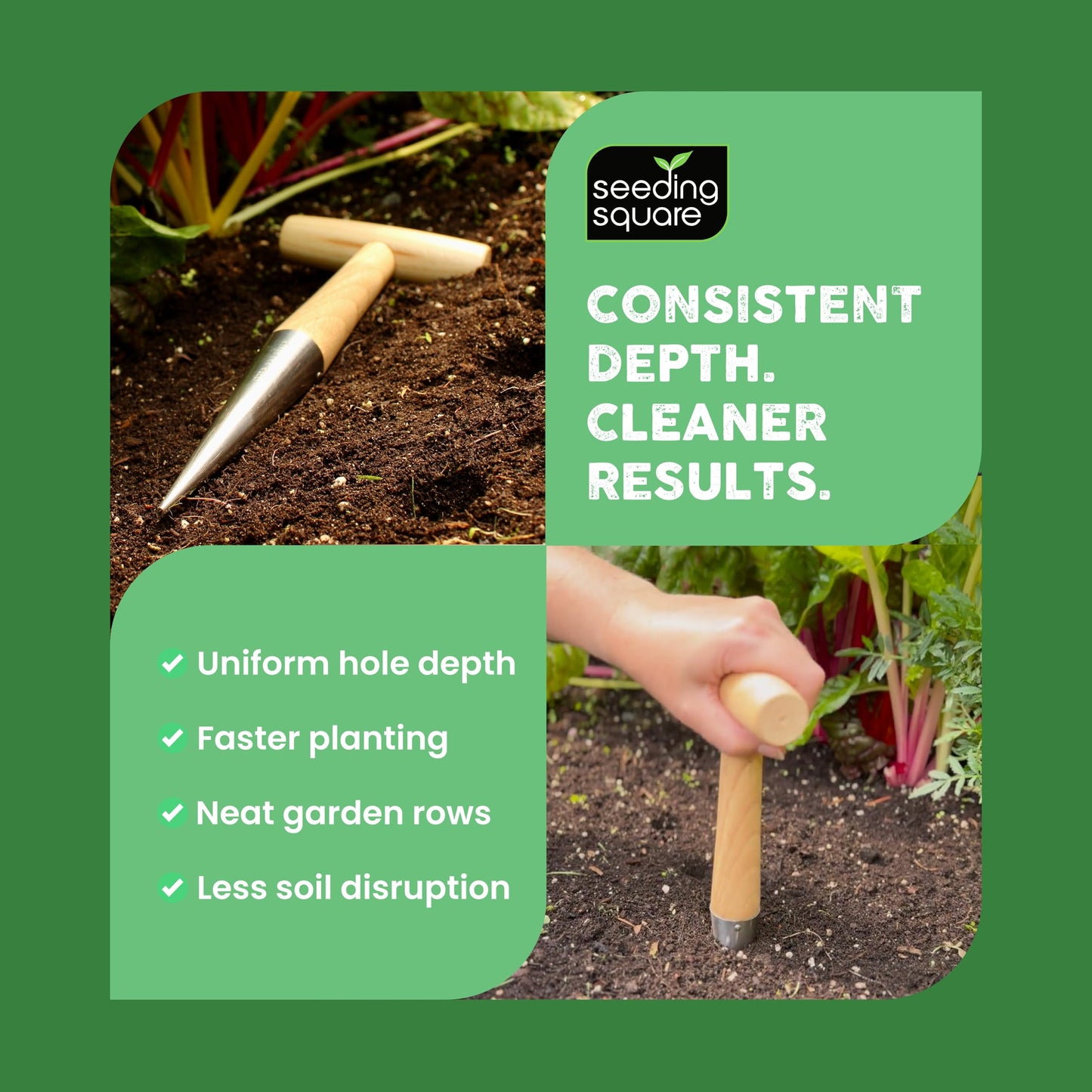 Pokey Planter by Seeding Square – Stainless Steel & Wooden Handle Garden Tool for Planting Garlic, Onions, Tulips, Daffodils, Lilies, & Transplanting Seedlings