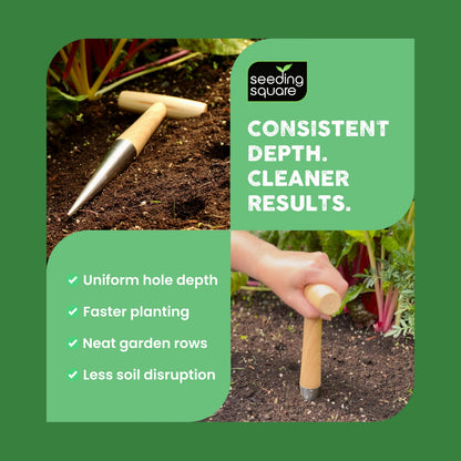 Pokey Planter by Seeding Square – Stainless Steel & Wooden Handle Garden Tool for Planting Garlic, Onions, Tulips, Daffodils, Lilies, & Transplanting Seedlings