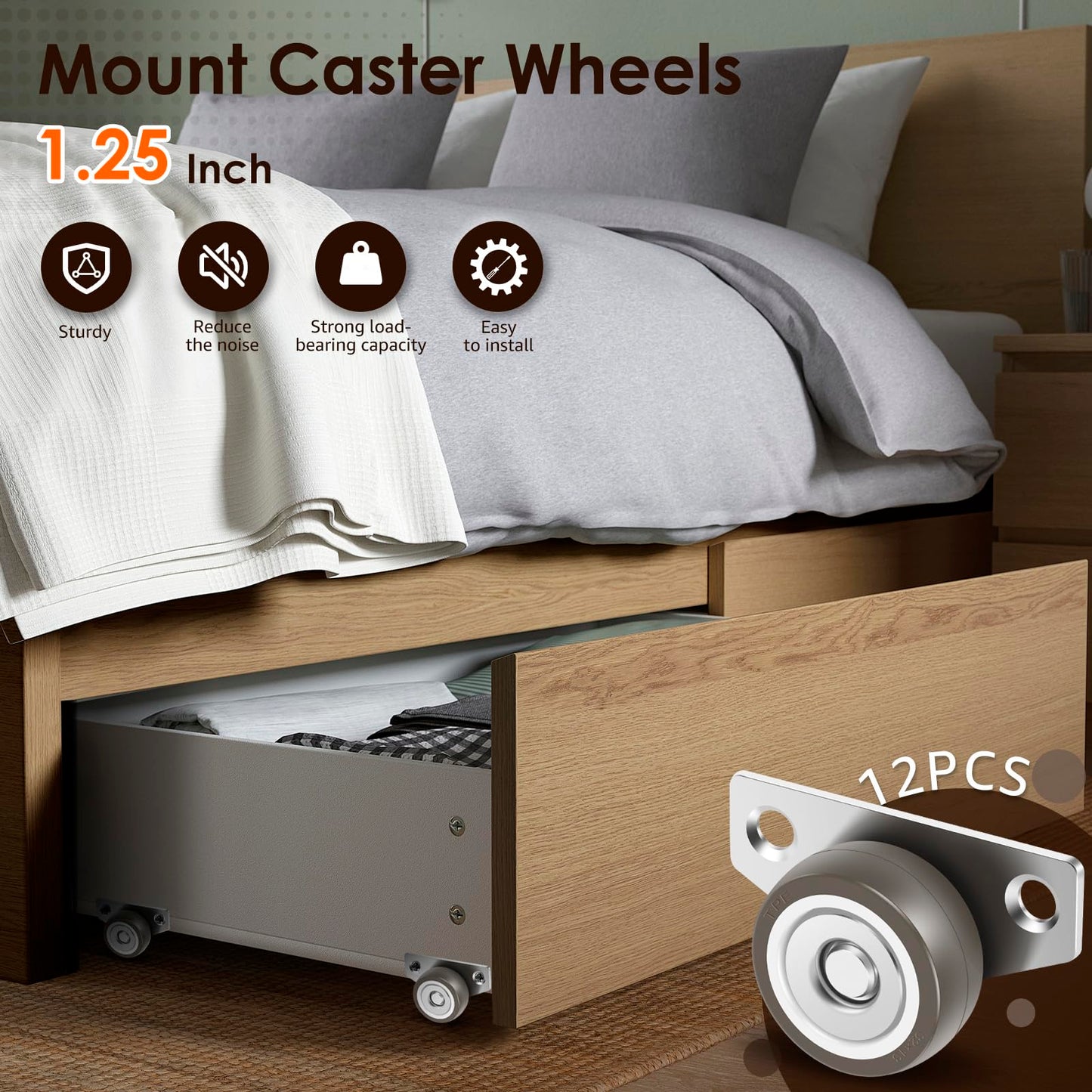 12 Pcs Side Mount Casters Wheels 1.25 Inch Non Swivel Caster Wheels No Noise Side Mounted Casters with 24 Screws for Furniture Cabinet Tables