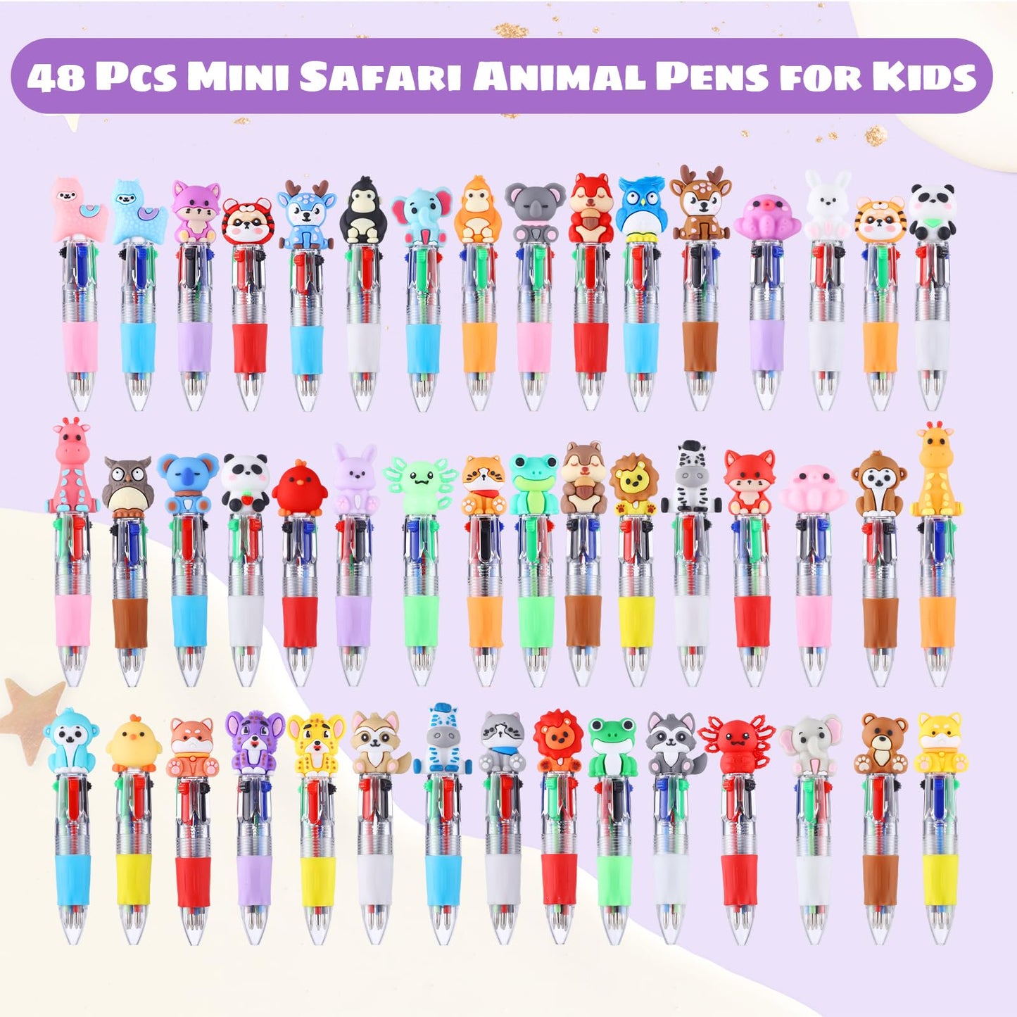 48 Pack Multicolor Pen in One Animal Party Favors 4-in-1 Fun Pens Cute Pens Retractable Mini Ballpoint Pen for Classroom Gifts Birthday Gifts Teacher and School Supplies