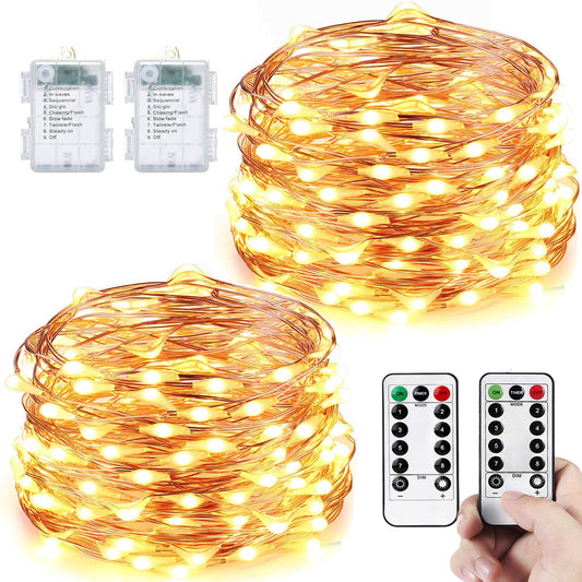 [2 Packs] Fairy Lights Battery Operated, LeMorcy Total 66ft 200LEDs Waterproof String Lights with 8 Modes Remote Timer, Copper Wire Twinkle Lights for Bedroom Party Garden Backyard Patio Xmas Décor