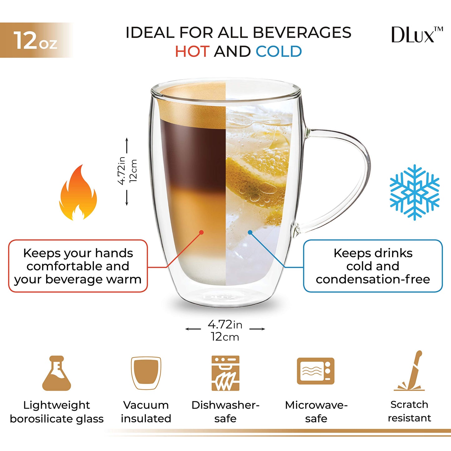 DLux Espresso Coffee Cups 350ml, 12oz Latte Clear Glass Set of 2 Cups with Handles, Double Wall Insulated Borosilicate Glassware Cup - Wine, Tea Glasses