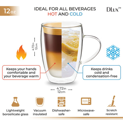 DLux Espresso Coffee Cups 350ml, 12oz Latte Clear Glass Set of 2 Cups with Handles, Double Wall Insulated Borosilicate Glassware Cup - Wine, Tea Glasses
